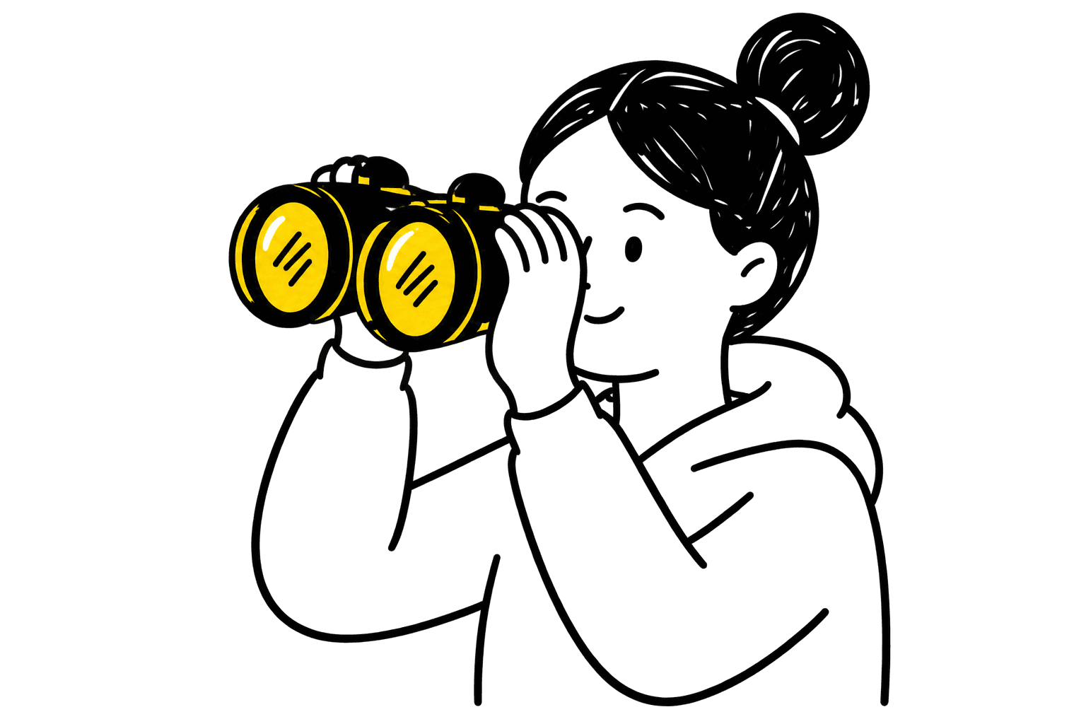 Doodle explorer holding yellow binoculars to her eyes